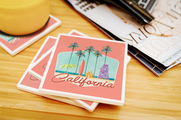 California, Tall Palms Beach Scene, Contour, Lantern Press Artwork, Coaster Set Coasters Lantern Press 