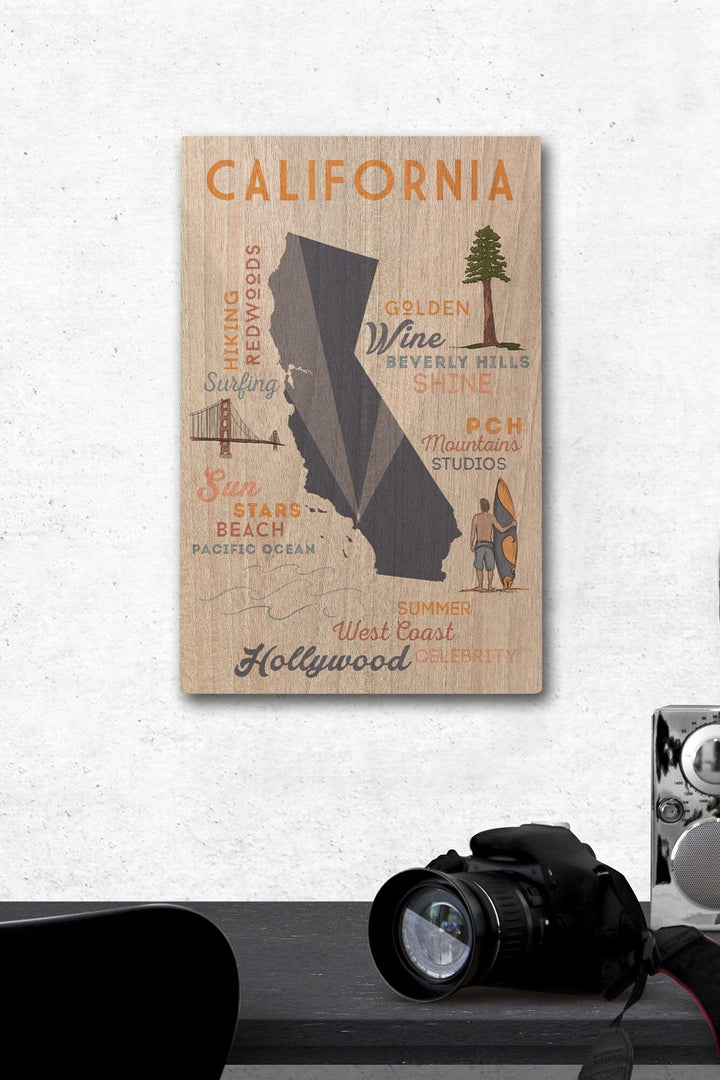 California, Typography & Icons, Lantern Press Artwork, Wood Signs and Postcards Wood Lantern Press 12 x 18 Wood Gallery Print 