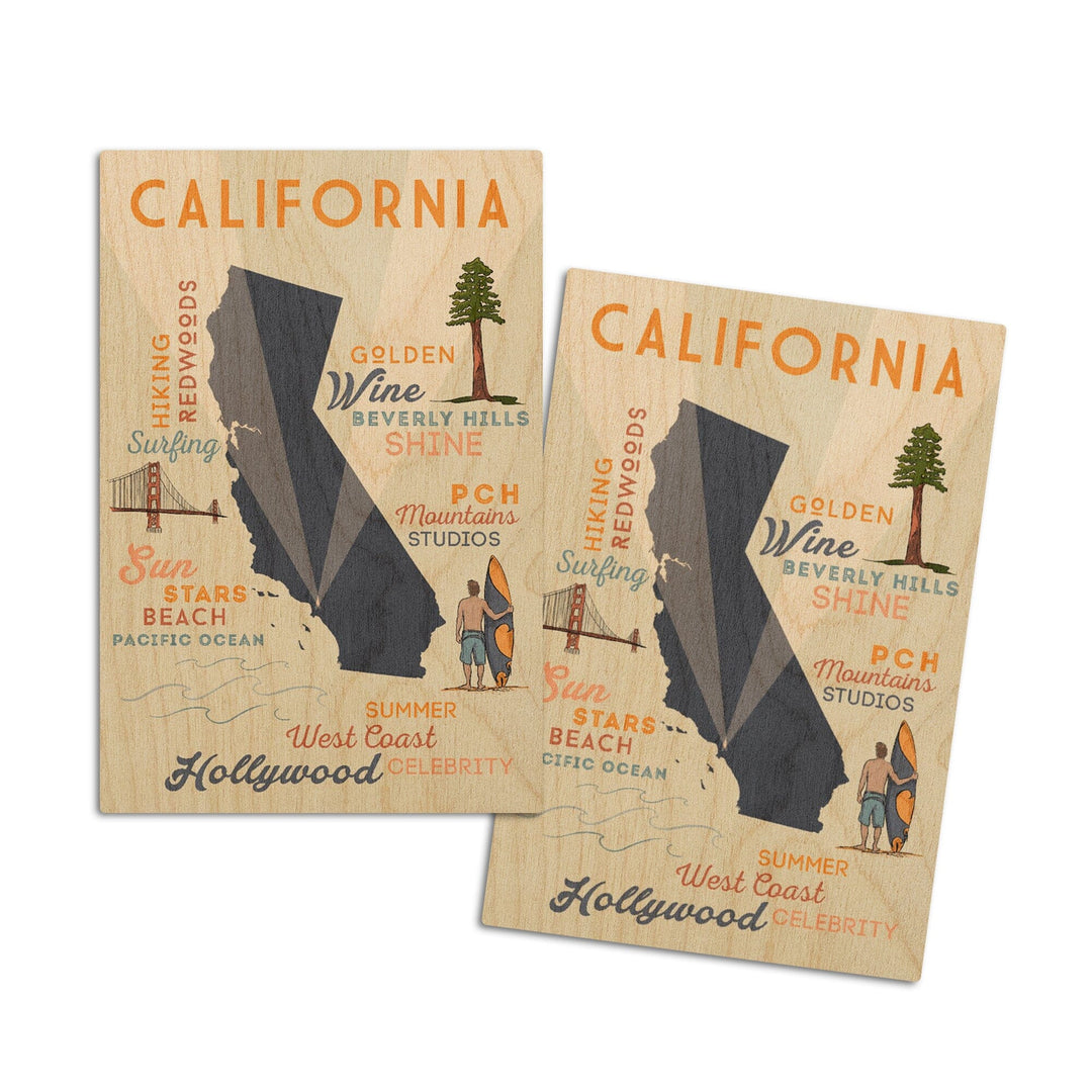 California, Typography & Icons, Lantern Press Artwork, Wood Signs and Postcards Wood Lantern Press 4x6 Wood Postcard Set 