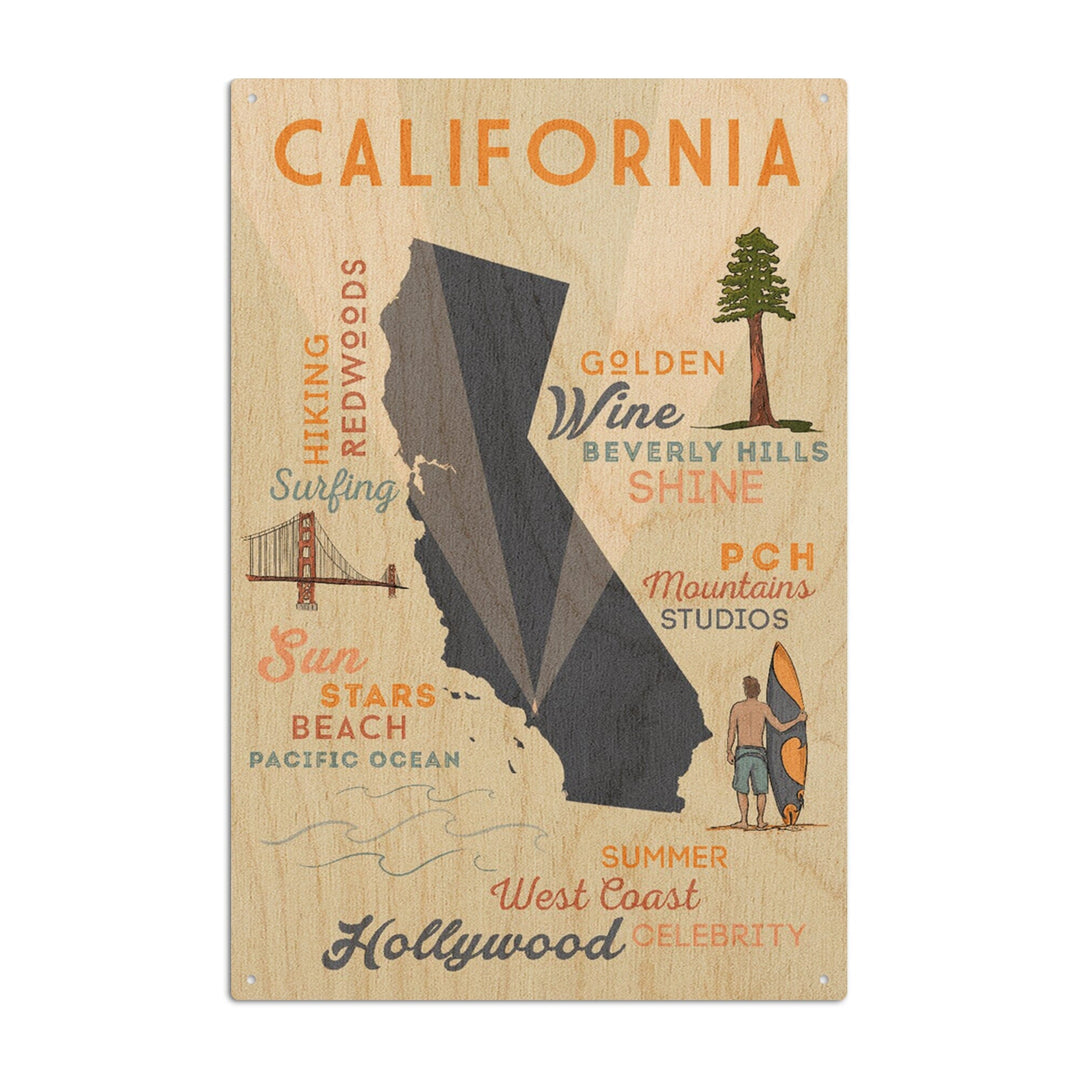 California, Typography & Icons, Lantern Press Artwork, Wood Signs and Postcards Wood Lantern Press 6x9 Wood Sign 