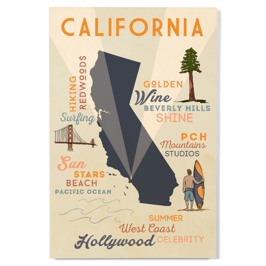 California, Typography & Icons, Lantern Press Artwork, Wood Signs and Postcards Wood Lantern Press 