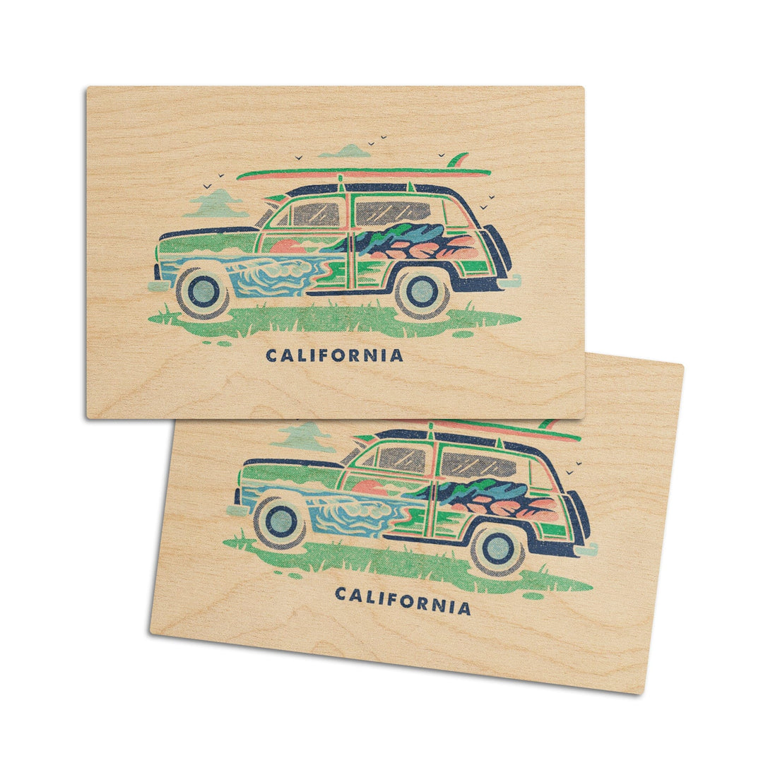 California, Woody sans Palm Tree, Distressed Vector, Lantern Press Artwork, Wood Signs and Postcards Wood Lantern Press 4x6 Wood Postcard Set 