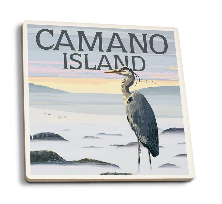 Camano Island, Washington, Blue Heron & Fog, Lantern Press Artwork, Coaster Set Coasters Lantern Press 