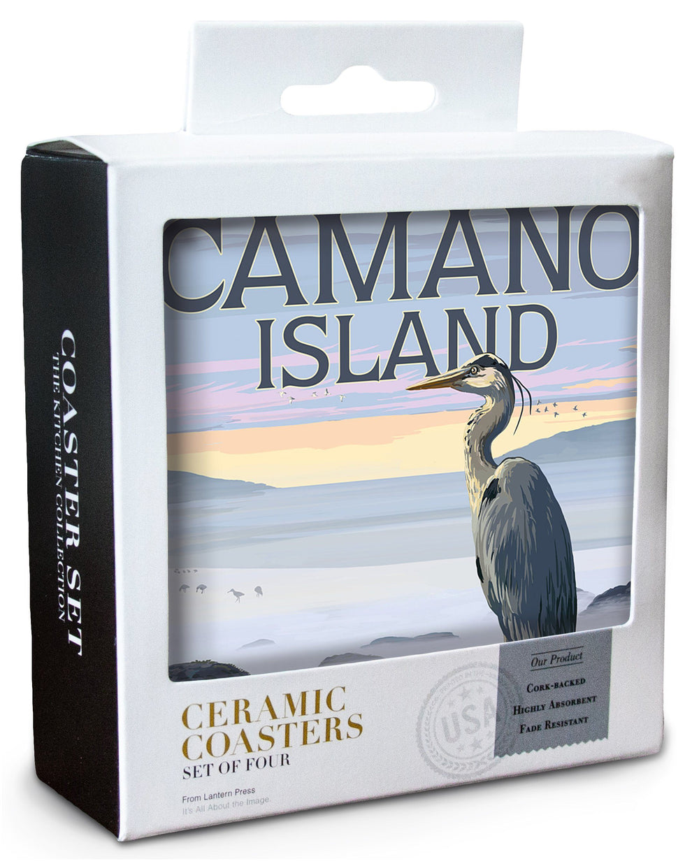 Camano Island, Washington, Blue Heron & Fog, Lantern Press Artwork, Coaster Set Coasters Lantern Press 