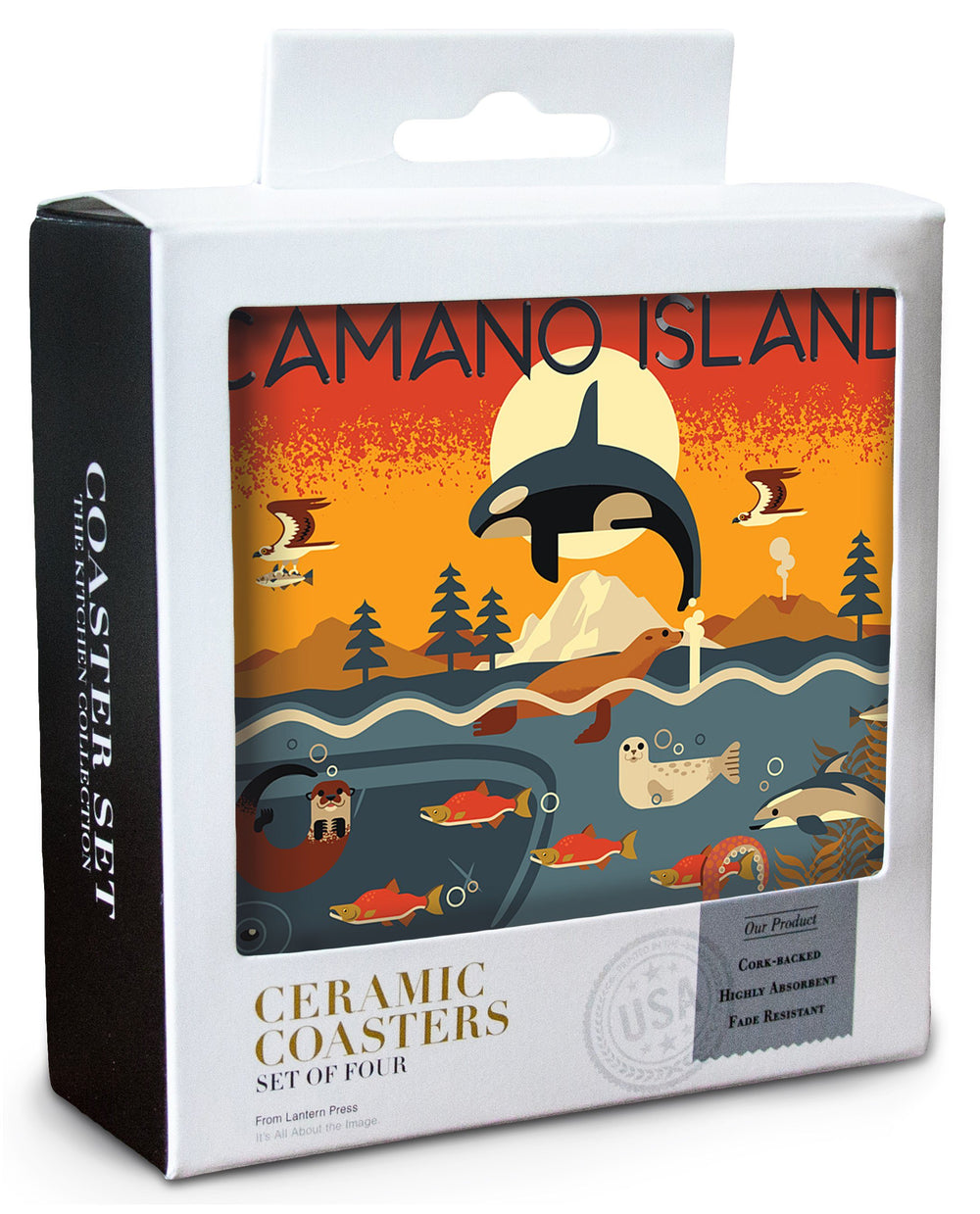 Camano Island, Washington, Marine Animals, Geometric, Lantern Press Artwork, Coaster Set Coasters Lantern Press 