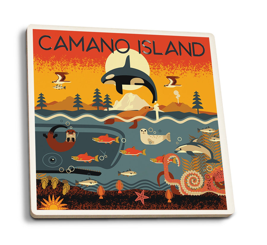 Camano Island, Washington, Marine Animals, Geometric, Lantern Press Artwork, Coaster Set Coasters Lantern Press 