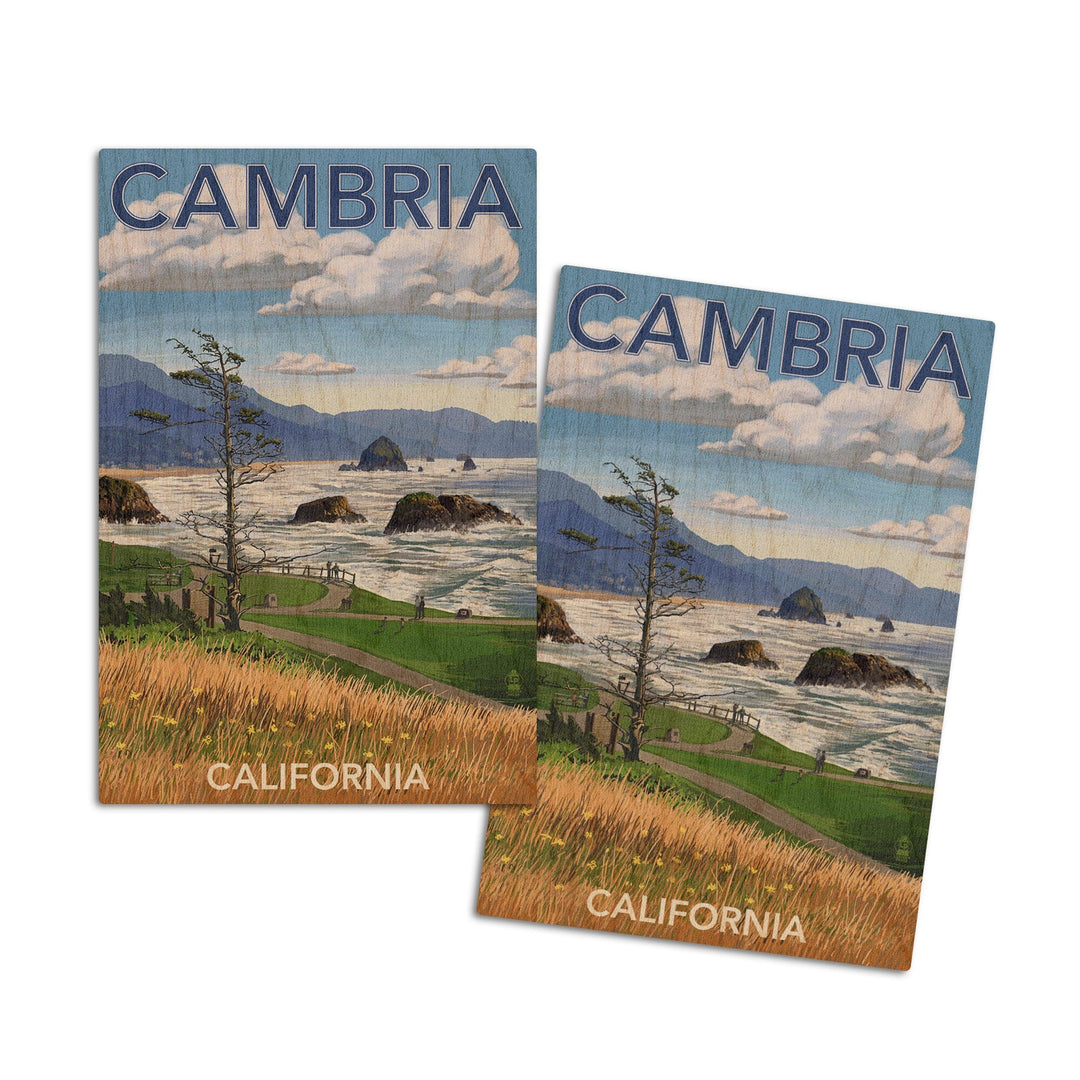 Cambria, California, Rocky Coastline, Lantern Press Artwork, Wood Signs and Postcards Wood Lantern Press 4x6 Wood Postcard Set 