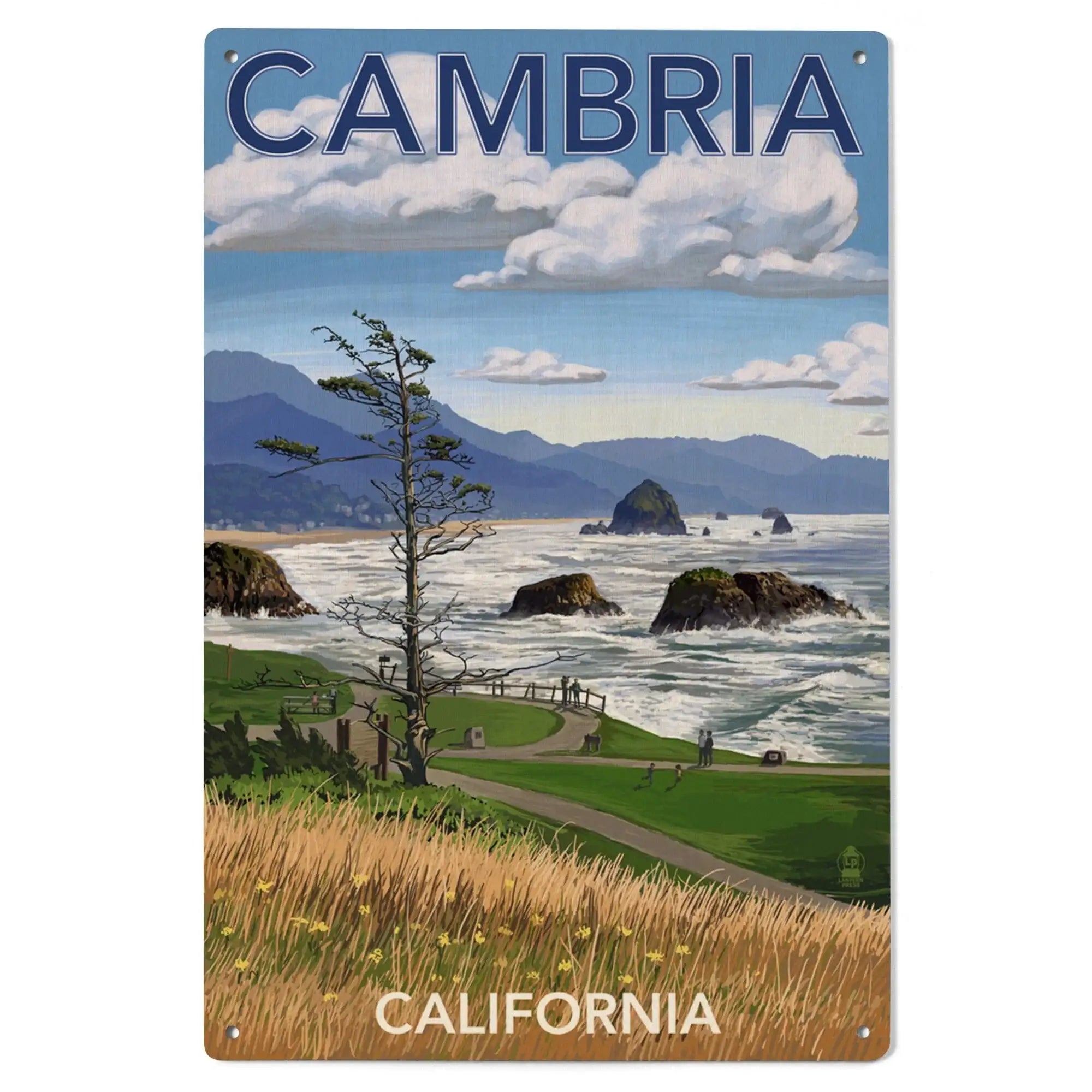 Cambria, California, Rocky Coastline, Lantern Press Artwork, Wood Sign