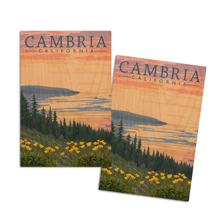 Cambria, California, Spring Flowers, Poppies, Lantern Press Artwork, Wood Signs and Postcards Wood Lantern Press 4x6 Wood Postcard Set 