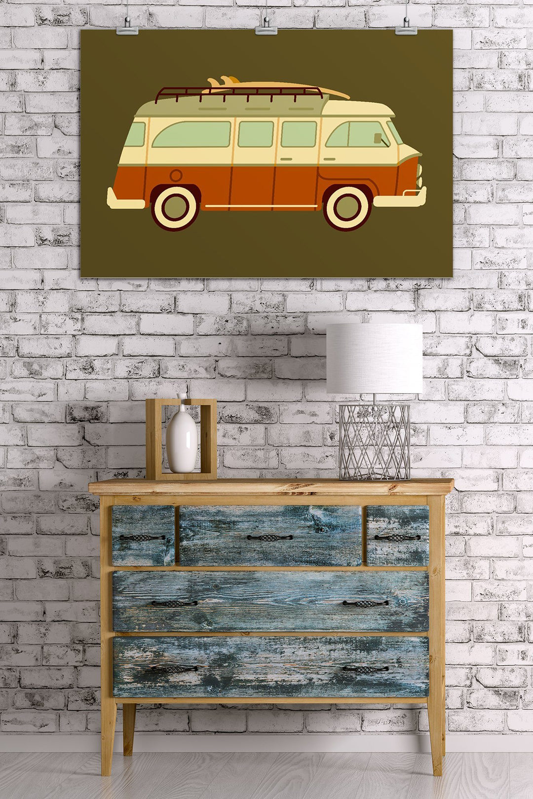 Camper Van with Surfboard, Geometric, Lantern Press Artwork, Art Prints and Metal Signs Art Lantern Press 