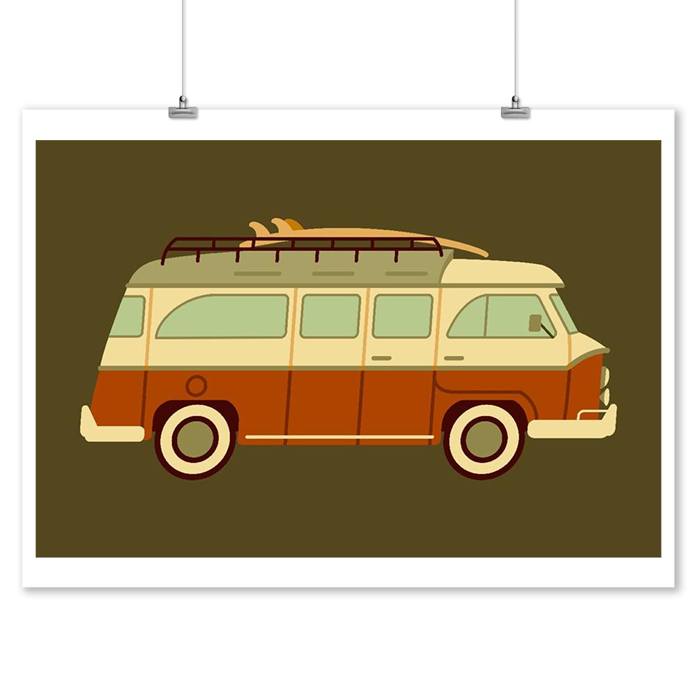 Camper Van with Surfboard, Geometric, Lantern Press Artwork, Art Prints and Metal Signs Art Lantern Press 
