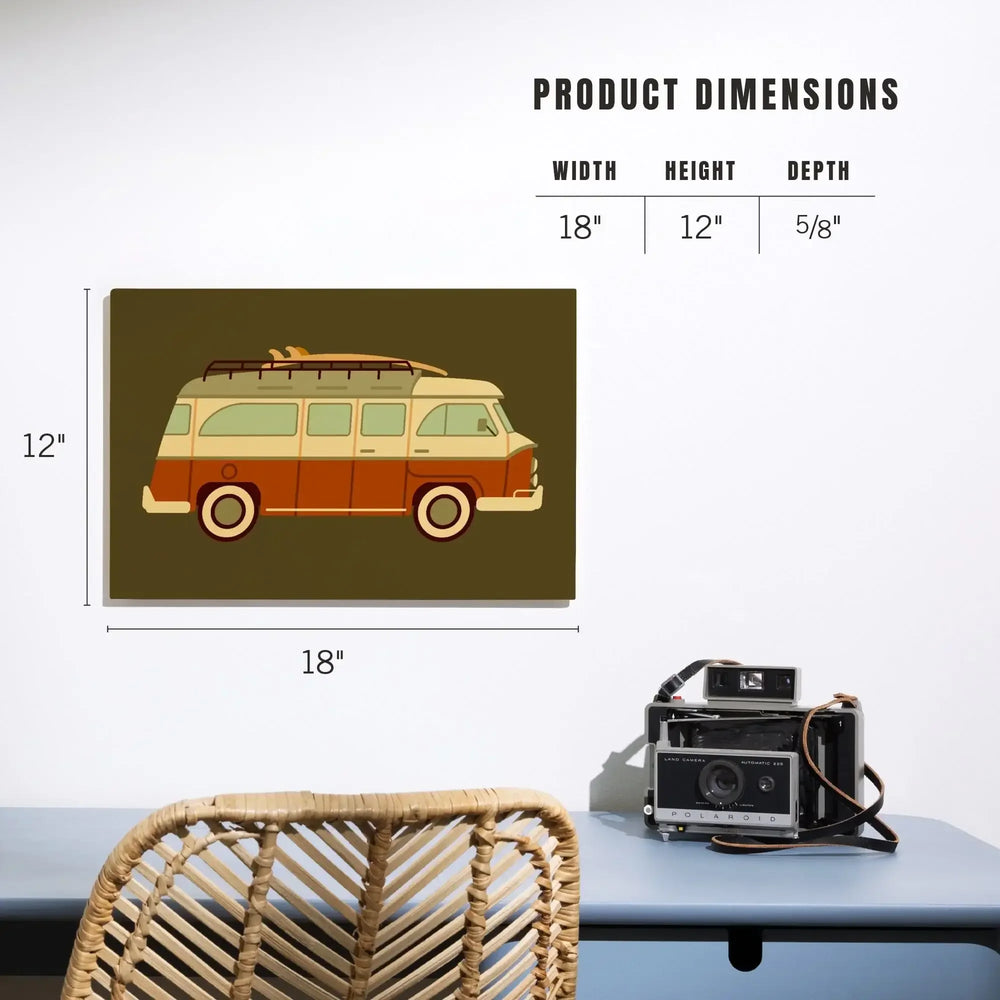 Camper Van with Surfboard, Geometric, Lantern Press Artwork, Wood Signs and Postcards - Lantern Press
