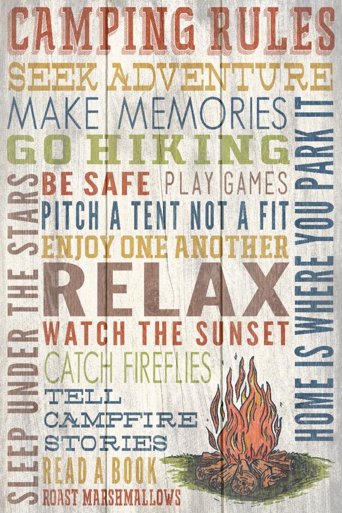 Camping Rules, Home Is Where You Park It, Rustic Typography, Lantern Press  Artwork art prints, metal signs