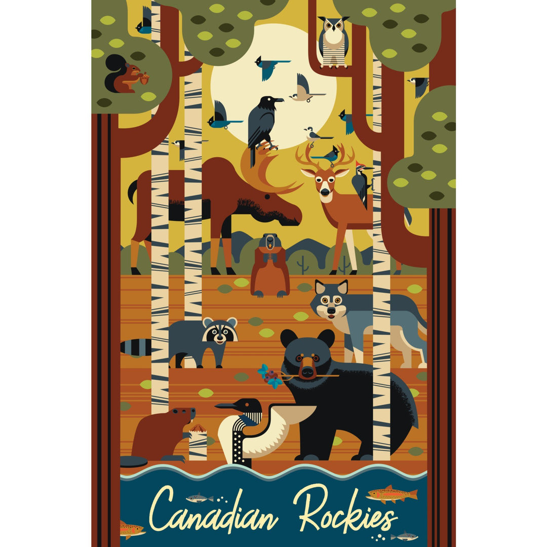 Canada, Forest Animals, Geometric, Lantern Press Artwork, Stretched Canvas Canvas Lantern Press 