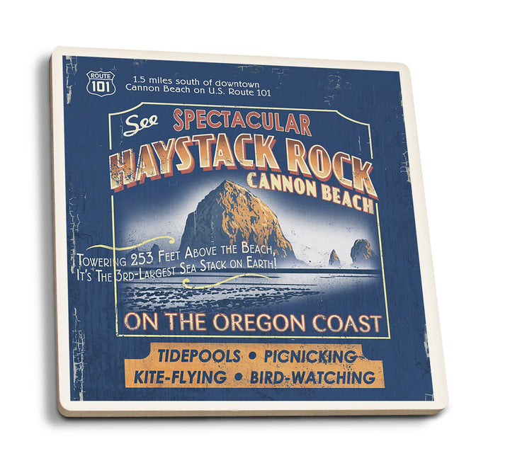 Cannon Beach, Oregon, Haystack Rock Vintage Sign, Lantern Press Artwork, Coaster Set Coasters Lantern Press 