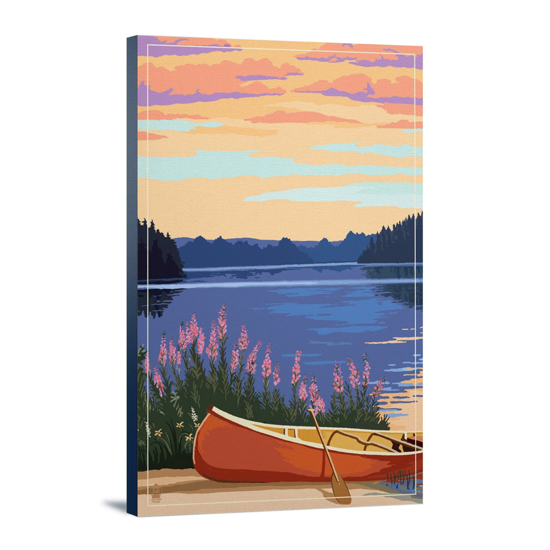 Canoe & Lake, Lantern Press Artwork, Stretched Canvas Canvas Lantern Press 12x18 Stretched Canvas 