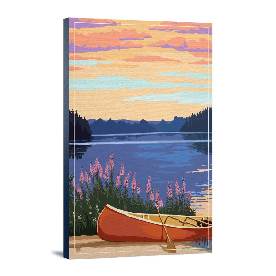 Canoe & Lake, Lantern Press Artwork, Stretched Canvas Canvas Lantern Press 