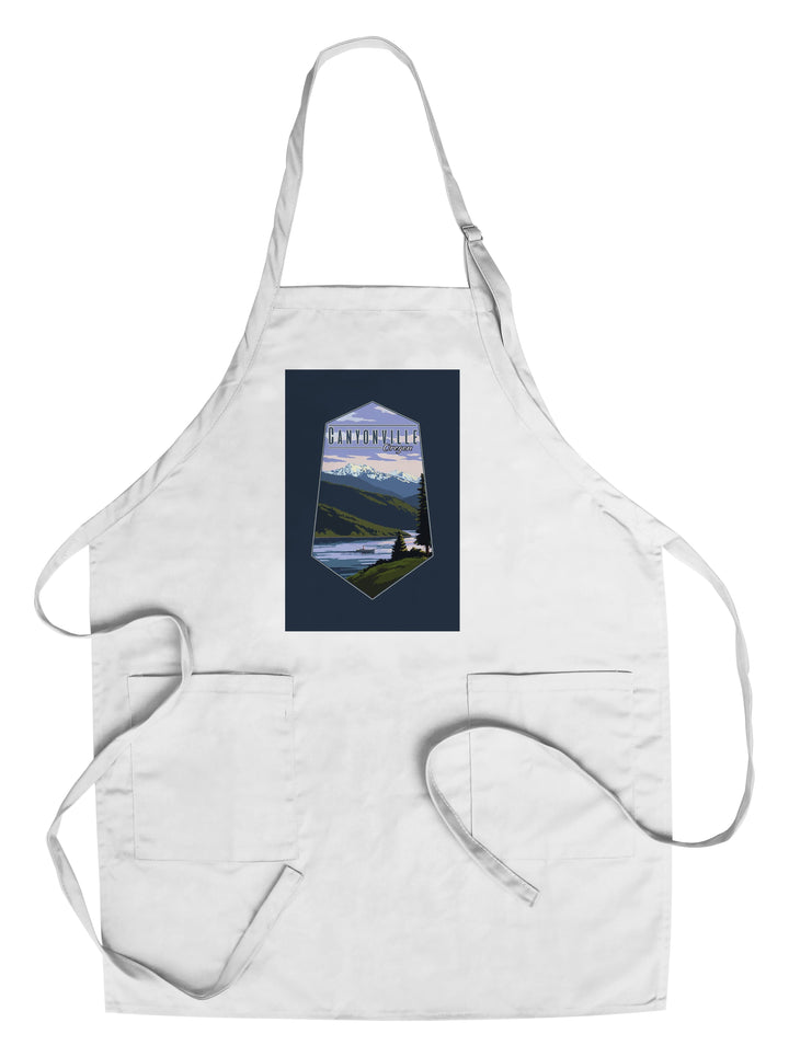 Canyonville, Oregon, Fisherman & Mountains, Contour, Lantern Press Artwork Kitchen Lantern Press Chef's Apron 