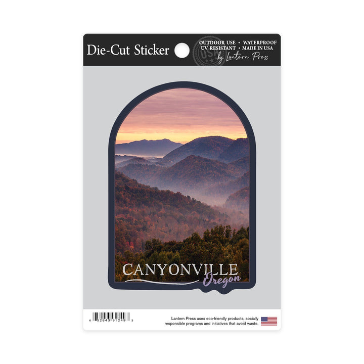 Canyonville, Oregon, Mountains & Sunset, Contour, Lantern Press Photography, Vinyl Sticker Sticker Lantern Press 
