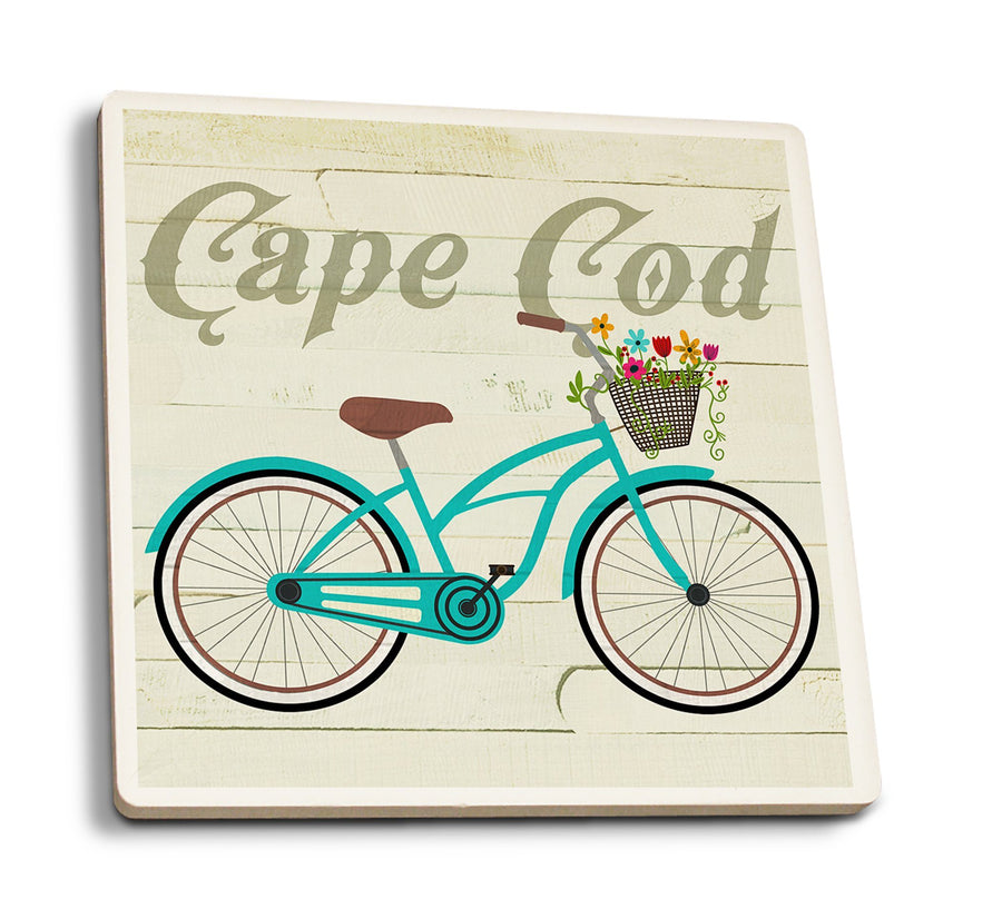 Cape Cod, Massachusetts, Beach Cruiser & Basket, Lantern Press Artwork, Coaster Set Coasters Lantern Press 