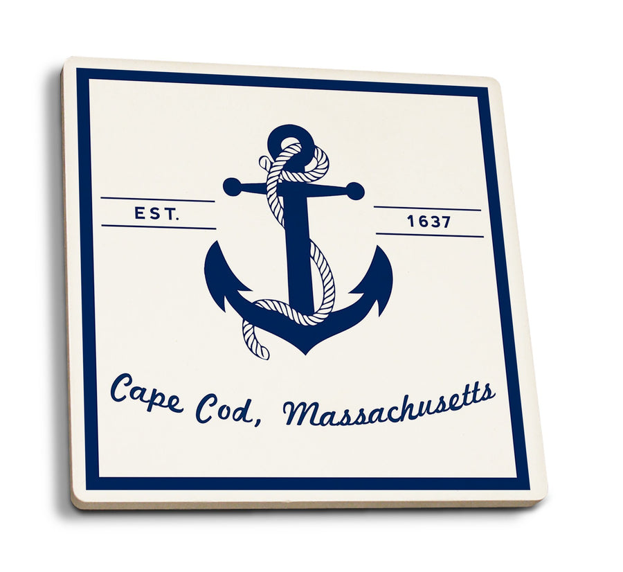 Cape Cod, Massachusetts, Blue & White Anchor, Lantern Press Artwork, Coaster Set Coasters Lantern Press 