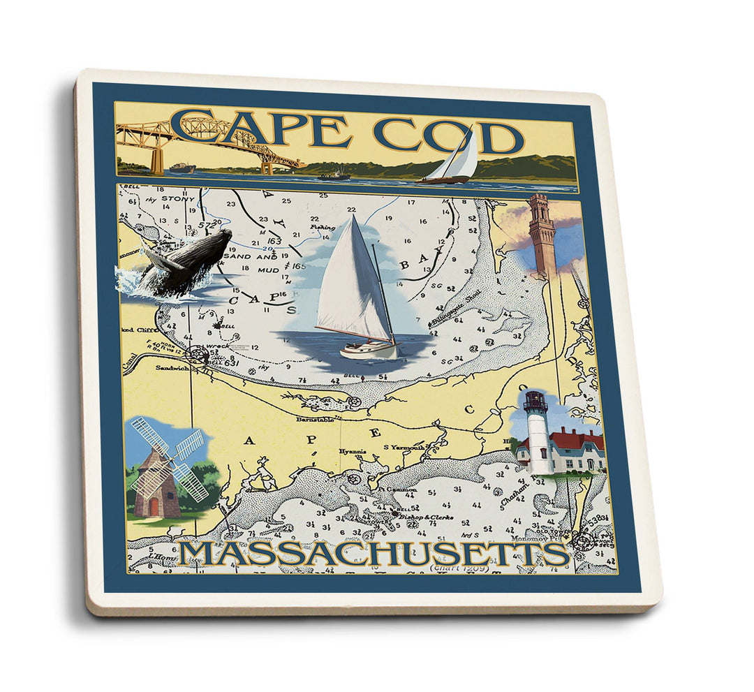Cape Cod, Massachusetts, Chart & Views, Lantern Press Artwork, Coaster Set Coasters Lantern Press 
