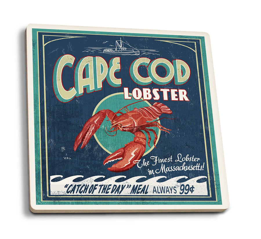 Cape Cod, Massachusetts, Lobster Vintage Sign, Lantern Press Artwork, Coaster Set Coasters Lantern Press 
