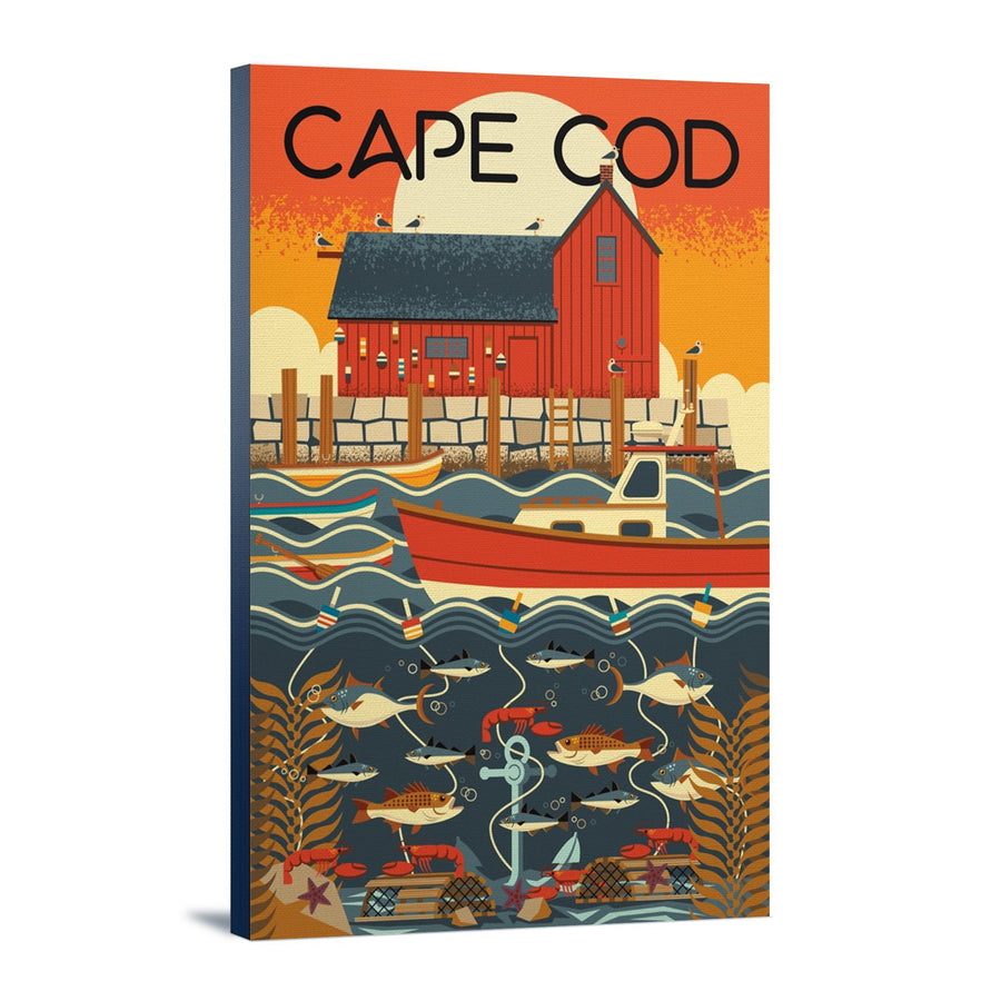 Cape Cod, Massachusetts, Nautical Geometric, Lantern Press Artwork, Stretched Canvas Canvas Lantern Press 