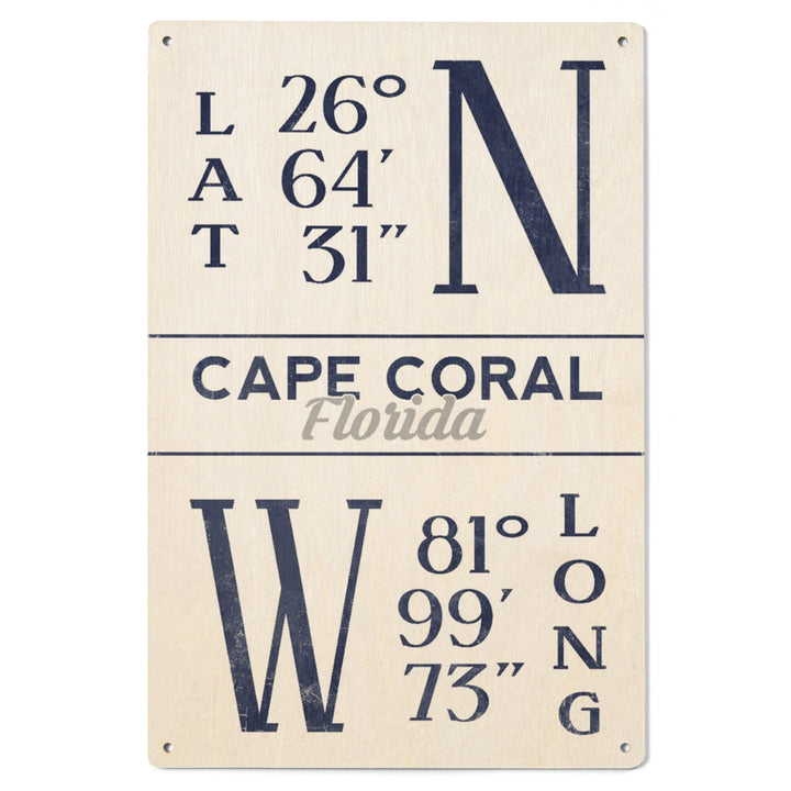 Cape Coral, Florida, Latitude & Longitude (Blue), Lantern Press Artwork, Wood Signs and Postcards Wood Lantern Press 