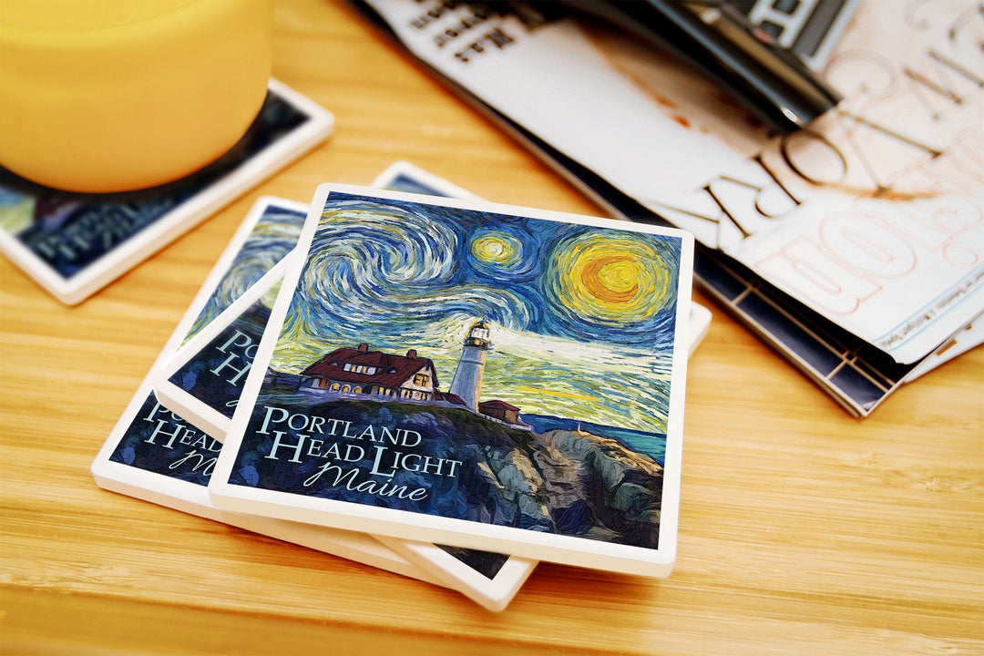 Cape Elizabeth, Maine, Portland Head Lighthouse, Starry Night, Lantern Press Artwork, Coaster Set Coasters Lantern Press 