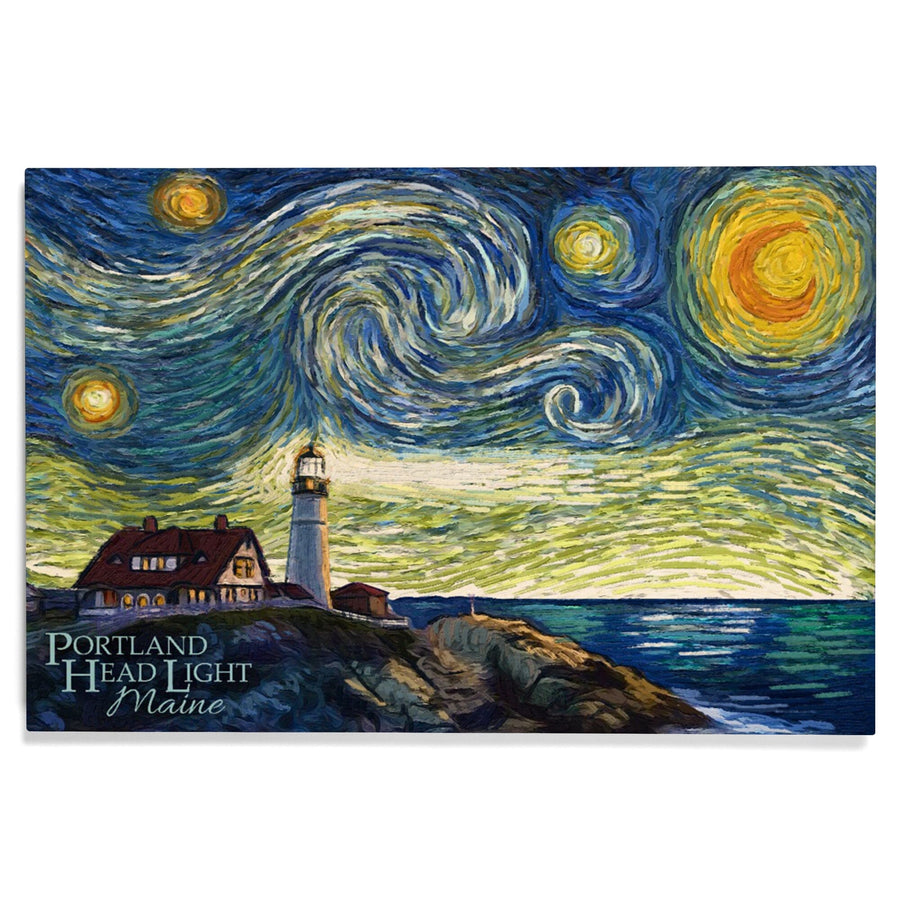 Cape Elizabeth, Maine, Portland Head Lighthouse, Starry Night, Lantern Press Artwork, Wood Signs and Postcards Wood Lantern Press 