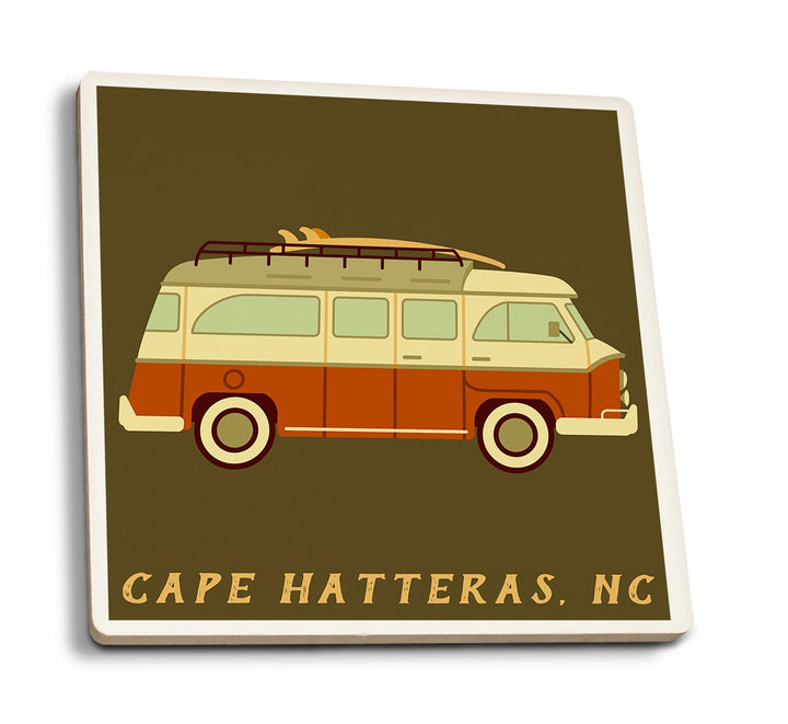 Cape Hatteras, North Carolina, Camper Van with Surfboard, Geometric, Lantern Press Artwork, Coaster Set Coasters Lantern Press 
