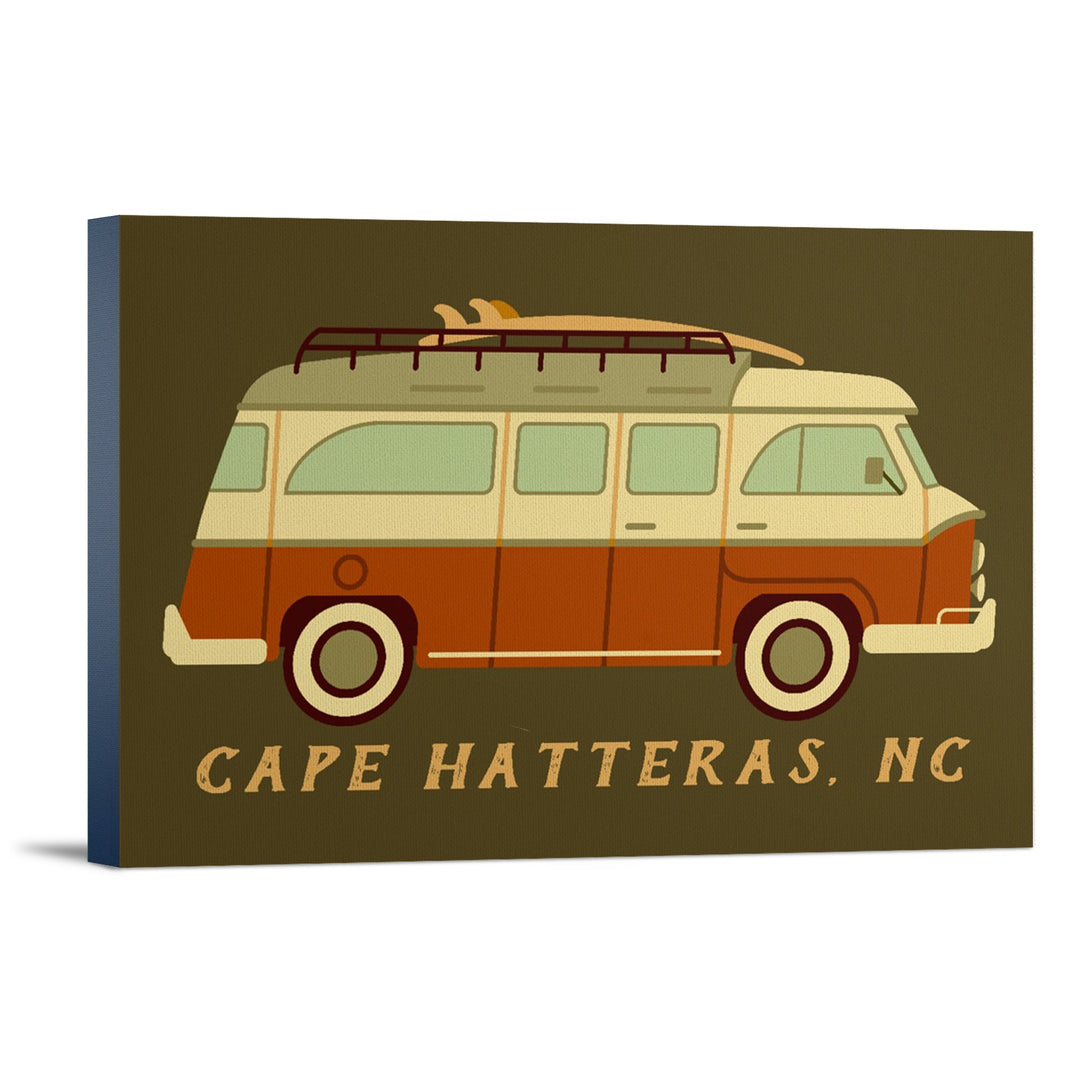 Cape Hatteras, North Carolina, Camper Van with Surfboard, Geometric, Lantern Press Artwork, Stretched Canvas Canvas Lantern Press 12x18 Stretched Canvas 