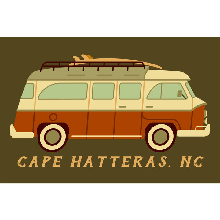 Cape Hatteras, North Carolina, Camper Van with Surfboard, Geometric, Lantern Press Artwork, Stretched Canvas Canvas Lantern Press 