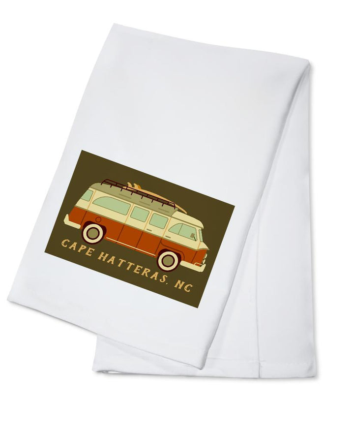 Cape Hatteras, North Carolina, Camper Van with Surfboard, Geometric, Lantern Press Artwork, Towels and Aprons Kitchen Lantern Press Cotton Towel 