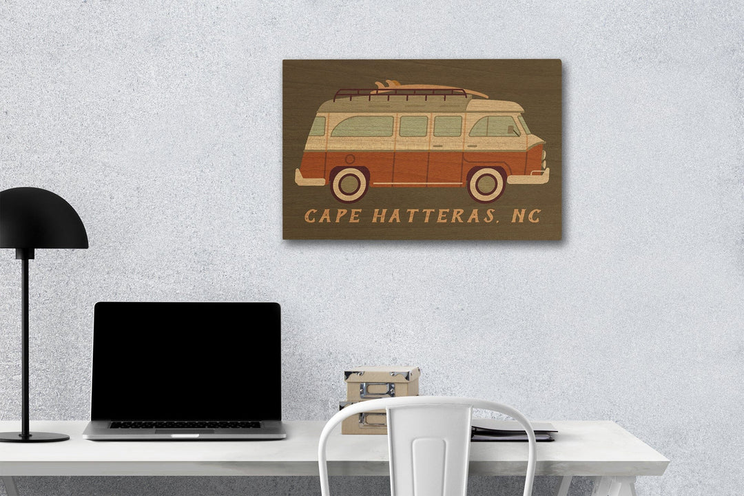Cape Hatteras, North Carolina, Camper Van with Surfboard, Geometric, Lantern Press Artwork, Wood Signs and Postcards Wood Lantern Press 12 x 18 Wood Gallery Print 