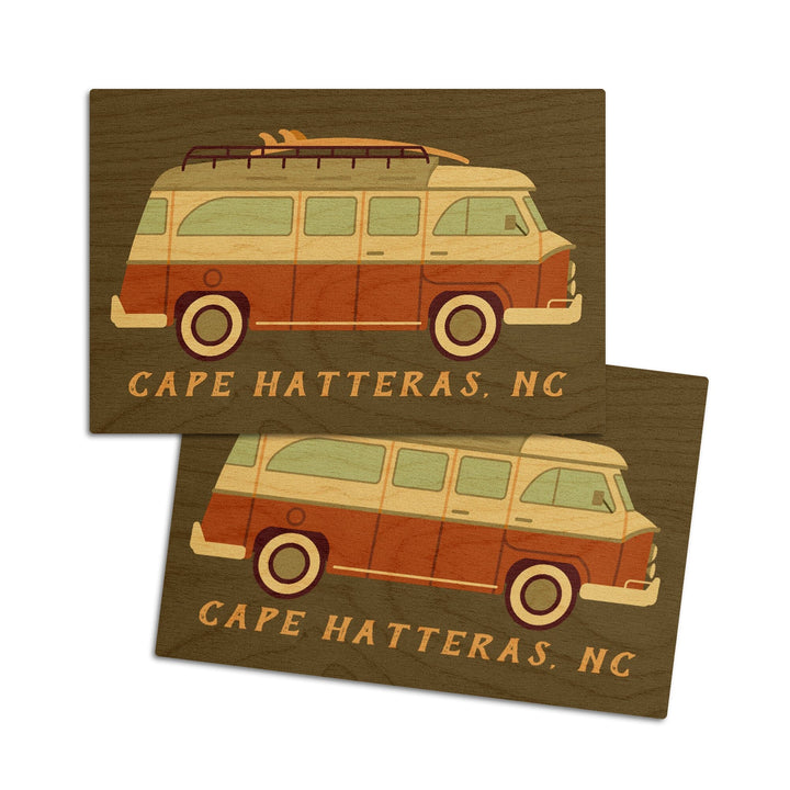 Cape Hatteras, North Carolina, Camper Van with Surfboard, Geometric, Lantern Press Artwork, Wood Signs and Postcards Wood Lantern Press 4x6 Wood Postcard Set 