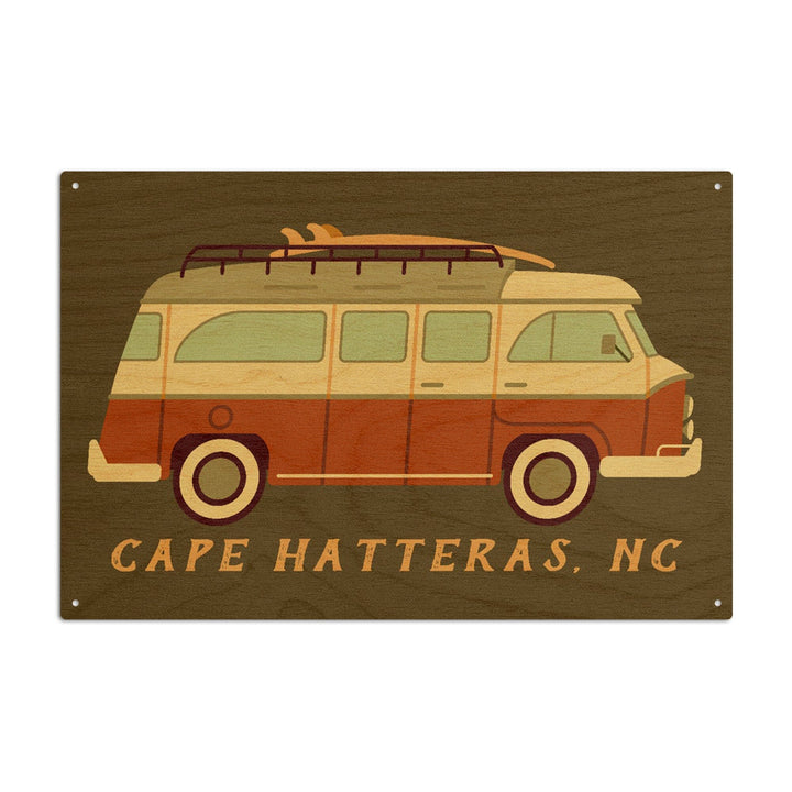 Cape Hatteras, North Carolina, Camper Van with Surfboard, Geometric, Lantern Press Artwork, Wood Signs and Postcards Wood Lantern Press 6x9 Wood Sign 
