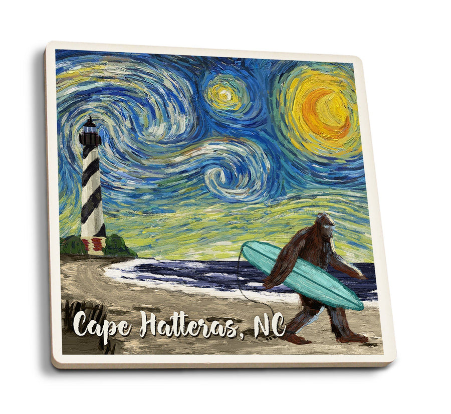 Cape Hatteras, North Carolina, Van Gogh Starry Night, Bigfoot, Lantern Press Artwork, Coaster Set Coasters Lantern Press 