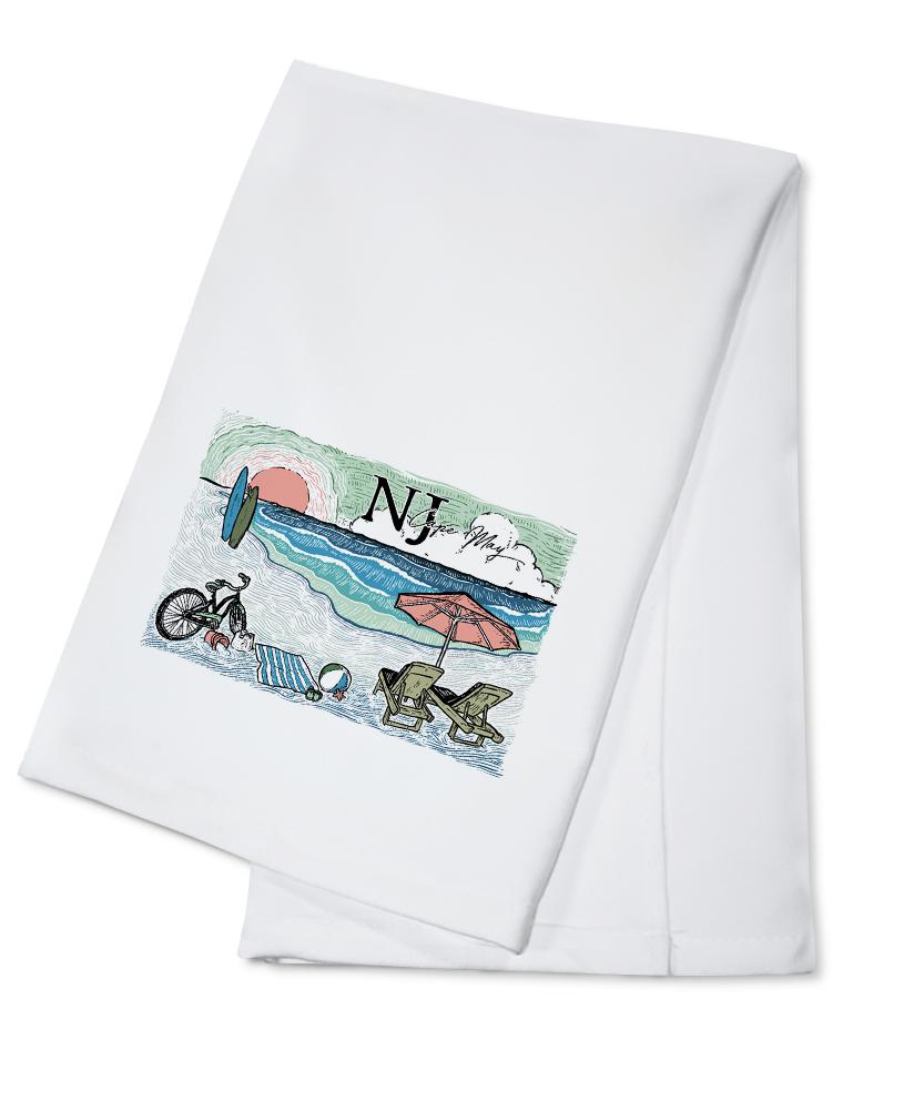 Cape May, New Jersey, Beach Scene, Sketch, Lantern Press Artwork, Towels and Aprons Kitchen Lantern Press Cotton Towel 
