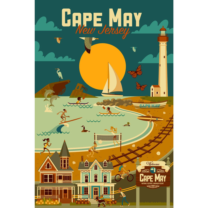 Cape May, New Jersey, Geometric, Blue Sky, Lantern Press Artwork, Stretched Canvas Canvas Lantern Press 