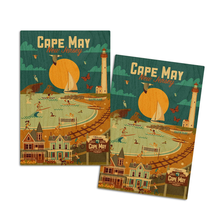 Cape May, New Jersey, Geometric, Blue Sky, Lantern Press Artwork, Wood Signs and Postcards Wood Lantern Press 4x6 Wood Postcard Set 