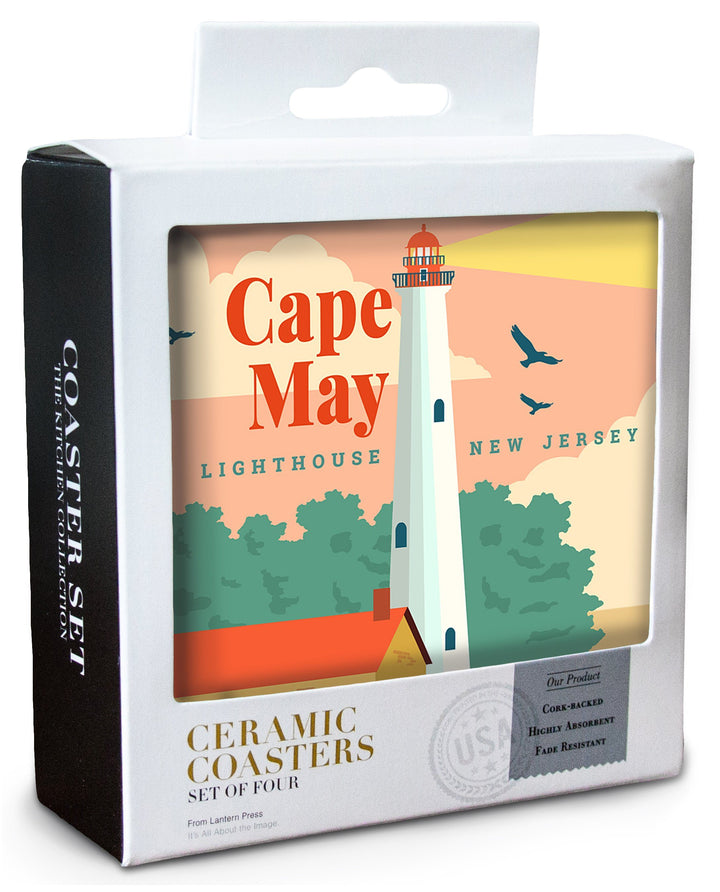 Cape May, New Jersey, Lighthouse Scene, Vector, Lantern Press Artwork, Coaster Set Coasters Lantern Press 