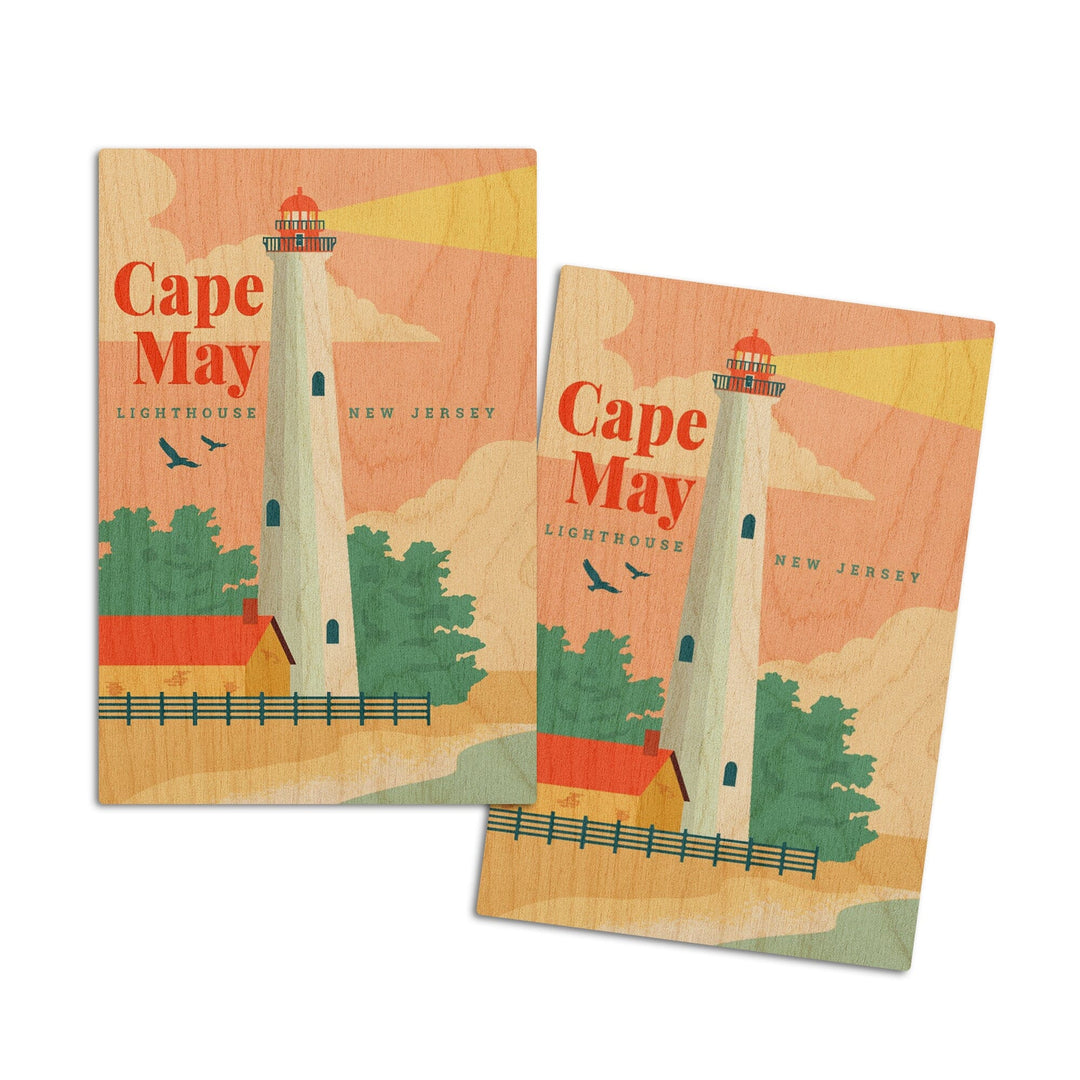 Cape May, New Jersey, Lighthouse Scene, Vector, Lantern Press Artwork, Wood Signs and Postcards Wood Lantern Press 4x6 Wood Postcard Set 