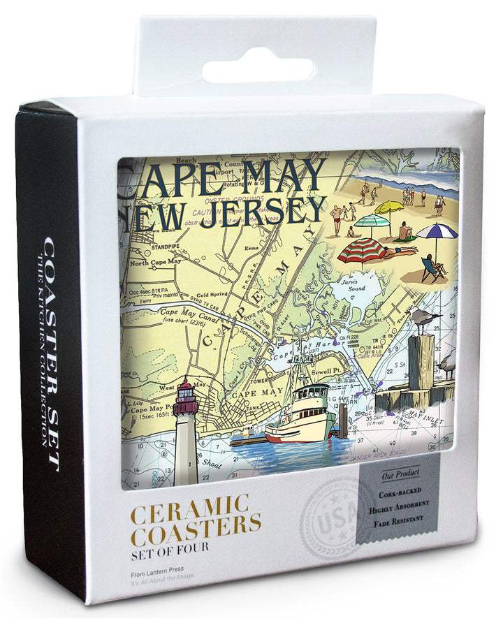 Cape May, New Jersey, Nautical Chart, Lantern Press Artwork, Coaster Set Coasters Lantern Press 