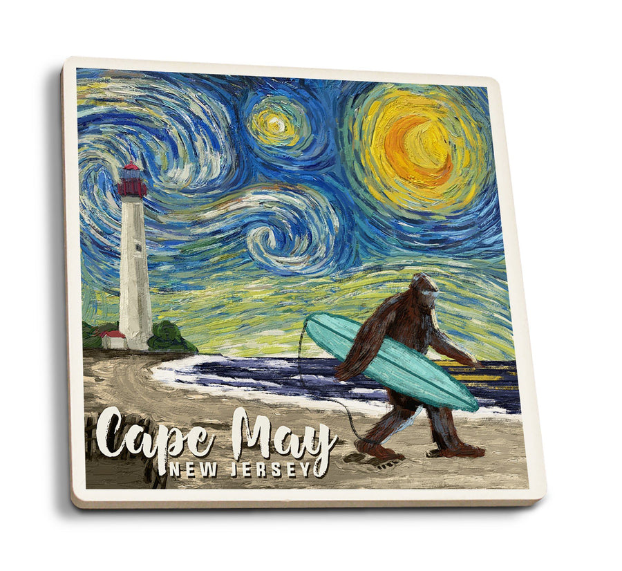 Cape May, New Jersey, Van Gogh Starry Night, Bigfoot, Lantern Press Artwork, Coaster Set Coasters Lantern Press 