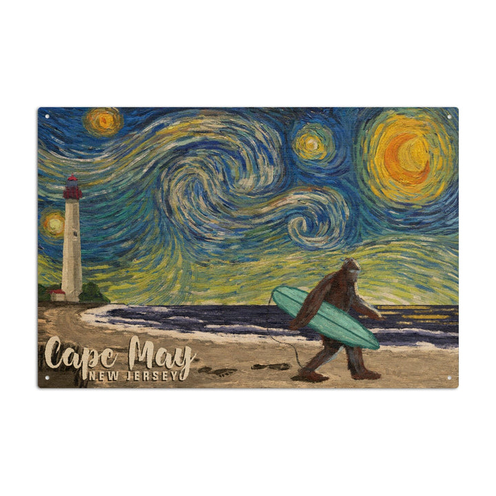 Cape May, New Jersey, Van Gogh Starry Night, Bigfoot, Lantern Press Artwork, Wood Signs and Postcards Wood Lantern Press 10 x 15 Wood Sign 