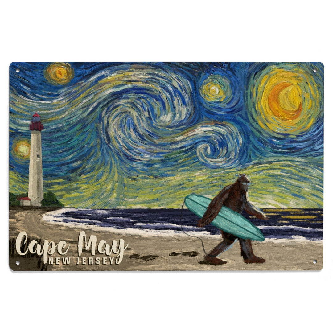Cape May, New Jersey, Van Gogh Starry Night, Bigfoot, Lantern Press Artwork, Wood Signs and Postcards Wood Lantern Press 
