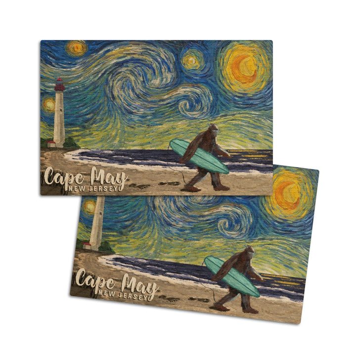 Cape May, New Jersey, Van Gogh Starry Night, Bigfoot, Lantern Press Artwork, Wood Signs and Postcards Wood Lantern Press 4x6 Wood Postcard Set 