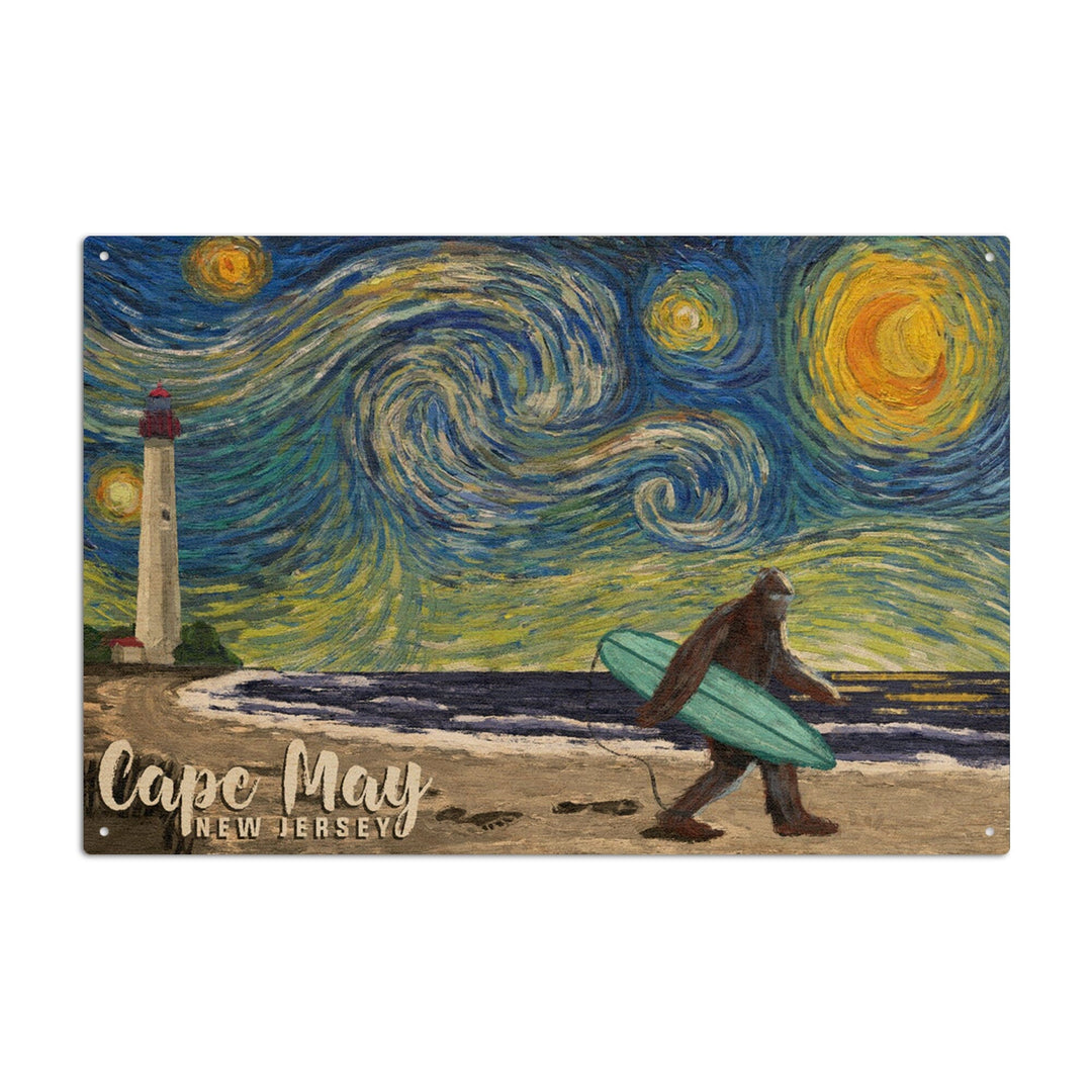 Cape May, New Jersey, Van Gogh Starry Night, Bigfoot, Lantern Press Artwork, Wood Signs and Postcards Wood Lantern Press 6x9 Wood Sign 